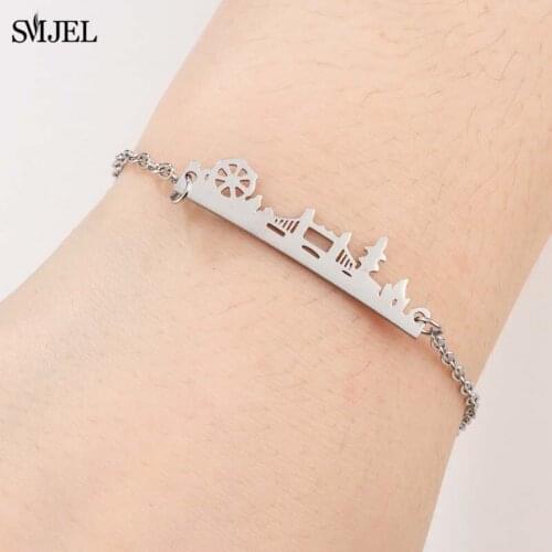 SMJEL Skyline UK London Bridge Bracelets Women Stainless Steel Gold Color Statement England Cityscape Paris Eiffel Tower Bracele