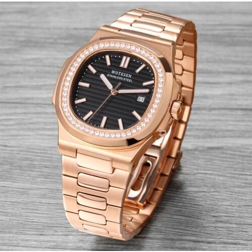 WOTESEN Top Luxury Mens Diamond Watches Quartz Brand Watches Men Quartz Steel Army Military Watches Male Business Wristwatch