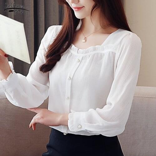 Korean Long Sleeve Chiffon White Blouse Women Sweet Fashion O Neck Autumn Pink Shirts Women 2021 New Tops Chemise Femme 15629