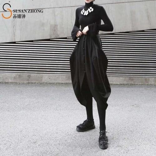 Women Skirts Female Bottoms Spring Japanese Style Designer Loose Bud Shape Long Cotton Spliced Button Front Irregular Hem