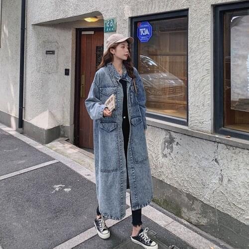 Autumn New Heavy Workwear Denim Trench Coat Female Long Korean Loose Single-breasted Wild Large Size Denim Windbreaker 2020 Z799