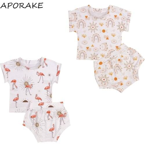 2021 0-3Y Sweet Kids Girl Clothing Summer Cartoon Rainbow/Unicorn Printed Short Sleeve Tops T-shirt+Triangle Short Pants 2pcs