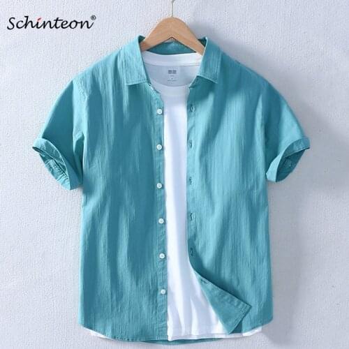 2021 Schinteon Men Summer Thin Pure Cotton Short Sleeved Shirt Casual Turn-down Collar Comfortable Solid Color Shirt New