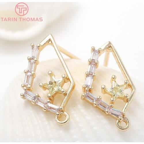 4PCS 8x15MM Hole 1MM 24K Gold Color Brass with Zircon Irregular Stud Earrings High Quality Diy Jewelry Findings Accessories