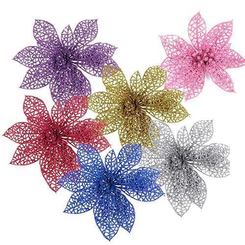 6inch Hollow Xmas Artificial Flowers For Decoration Glitter Poinsettia Fake Flowers DIY Home Wedding Decoration Flower Head