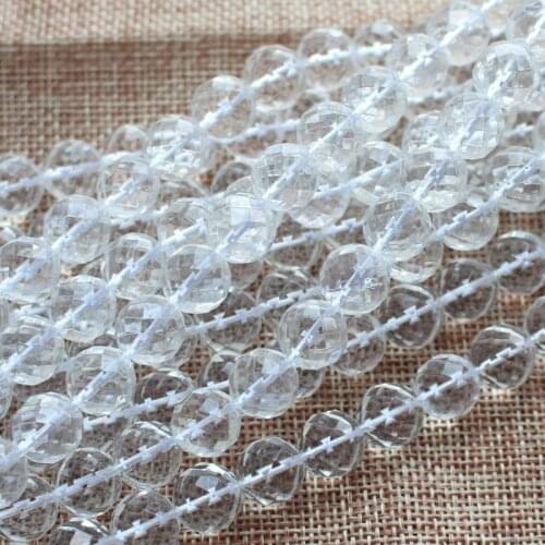 8-12mm 64 Surface Faceted Clear Rock Crystal Quartz Round DIY Loose Beads 15"