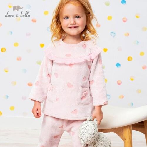 DBW15474 dave bella winter baby girls fashion love print bow pockets pajamas newborn baby underwear casual sleepwear 2 pcs suit