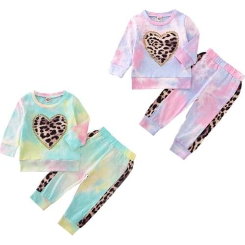 FOCUSNORM 0-3Y Infant Kids Baby Girl Clothes Sets Tie-Dye Leopard Print Pullover T-shirt Tops Long Pant 2PCS