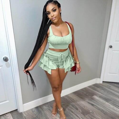 Sexy Party Two Piece Set Women Clubwear Sleeveless Tank Crop Top Ruffles Shorts Sets Birthday Outfits Matching Sets Short Femme