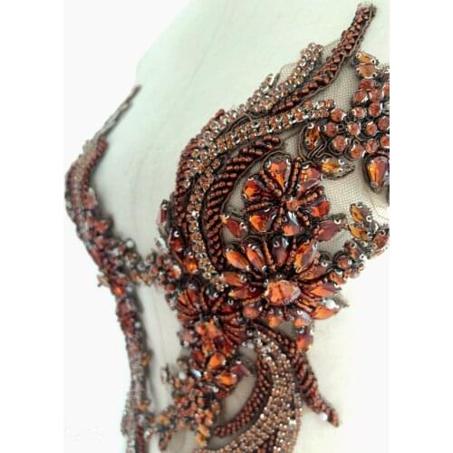 Brown French Bead Applique, Crystal Bodice Patch, Heavy Rhinestone Bead Applique For Couture And Dance Costume