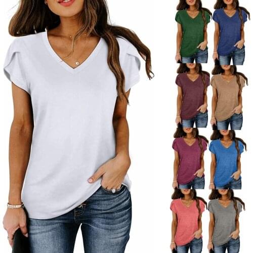 Summer Tops Plus Size Fashion Clothes Womens Casual Short Sleeve Tee Shirts Ladies Blouses V-neck Cotton Pullovers Solid Color