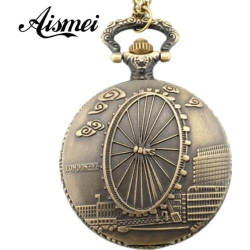 Fashion and Archaistic Bronze-coloured Big size Quartz Necklace Ferris Wheel Pocket Watch 5pcs/lot