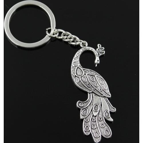 New Fashion Men 30mm Keychain DIY Metal Holder Chain Vintage Peacock 61x21mm Silver Color Pendant Gift