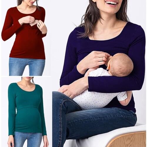 2021 New Pregnant Maternity Clothes Nursing Tops Womens Casual Long Sleeve Big Round Neck Four Seasons Bottomed Lactation