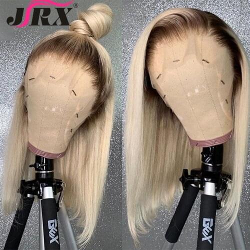 Ombre Blonde Bob Wigs Dark Brown Roots Straight Lace Wigs Peruvian Remy Lace Closure Human Hair Wigs Pre Plucked for Women