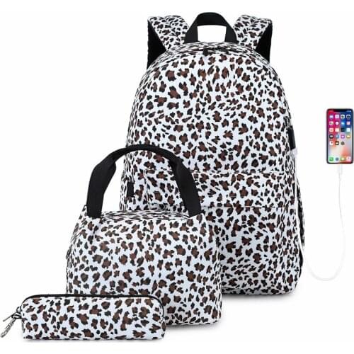 Leopard 3pcs/set USB charging women backpack Children large-capacity orthopedic school bag for teenage girls Printing schoolbags