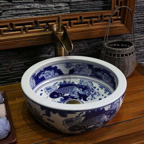 Blue and white Porcelain bathroom ceramic counter top sinks wash basin popular in europe art basin bathroom countertop basin