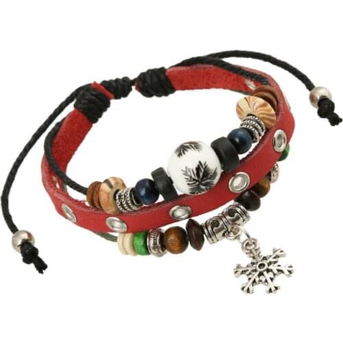 Vintage Fashion Casual Snowflake Beads Bracelet Retro Alloy Charms Multilayer Rope Leather Wrap Bangle Wristbands Unisex Jewelry