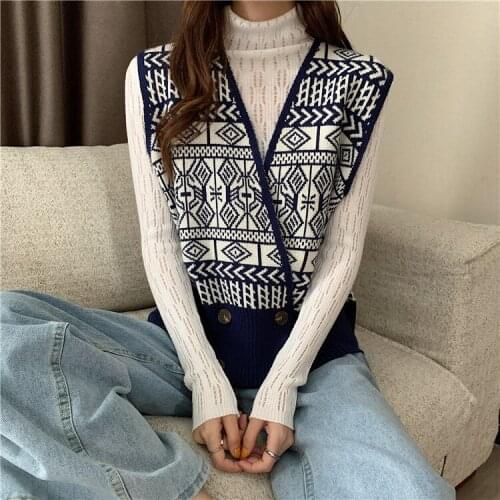 Make retro chic personality sweater vests turtleneck knitted long sleeve blouse