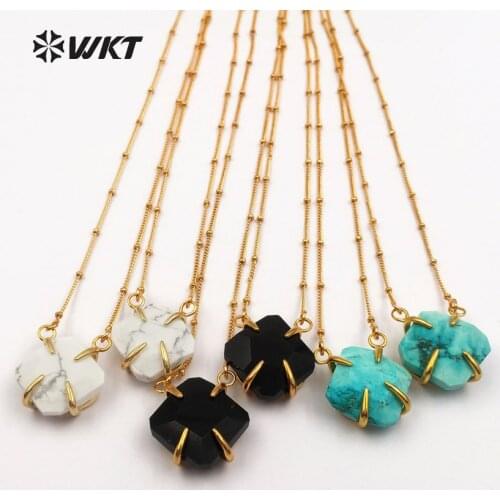 WT-N1134 Wholesale Fashion mini Super Natural Stone Faceted Stone Necklace pendant necklace with gold trim Necklace