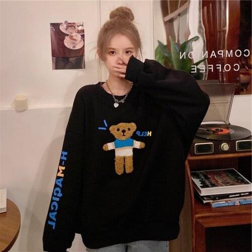 Embroidered O Neck Long Sleeve Women Sweatshirt Hoodies Autumn Winter Ladies Kawaii Clothes Top Bear Casual Loose Chic Pullover