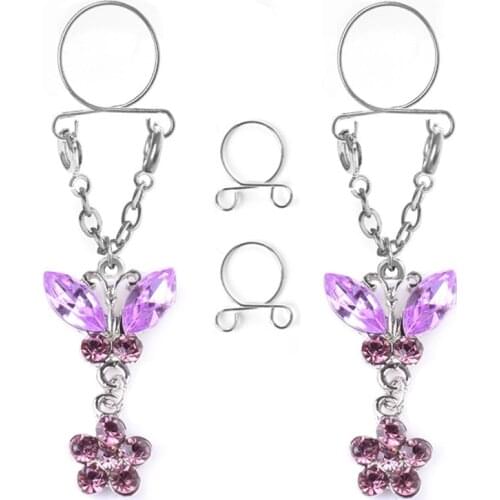 New Fashion Stainless Steel Flowers Non pierced Clip On Nipple Rings Women Crystal Fake Nipple Dangle Adjustable Body Jewelry