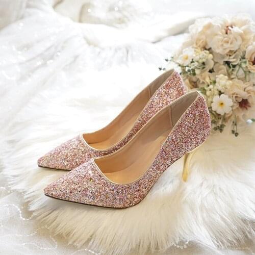 2020 New Arrival Bling Wedding Shoes Woman High Heel Party Dress Shoe Thin Heel Pumps Pointed Toe Shallow Super Big Size