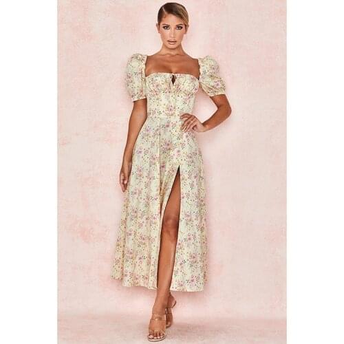 2021 Summer Sexy Split Floral Print Short Sleeve Women Bandage Dress Casual Slim Harajuku Party Robe Femme Vestidos 31104