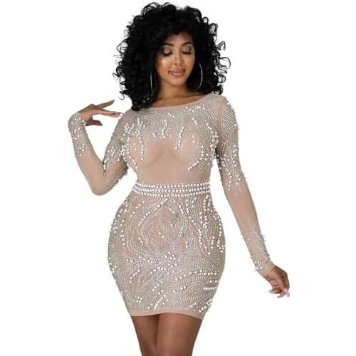 Elegant Dress Women Dot Print Sexy Deep V Sequins Wrap Ruched Long Sleeve Nightclub Dress Slim Hight Waist Autumn Dresses