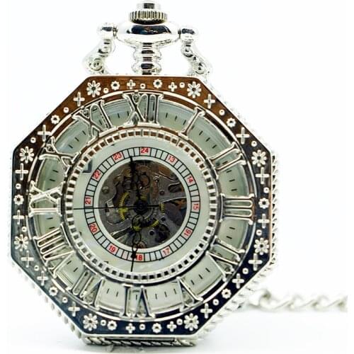 5pc/lot Octagon Silver Mechanical Pocket Watch Men Women Arabic Numbers Hand Winding Hollow Pendant Clock Fob Chain Gift PJX1271