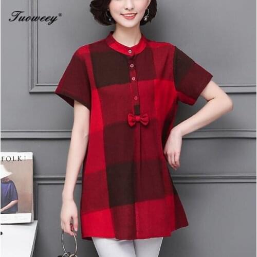 Cotton loose Elegant Womens Tops and Blouses Work Women Blouses Grey Bow Tie stand neck short Sleeve Regular Plaid Blouse
