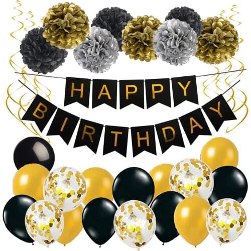 Black gold birthday party decoration Pom Pom flowers banner Confetti ballons party decor supplies