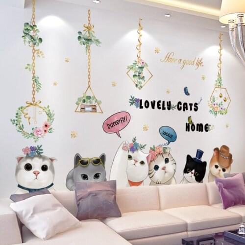DIY Chlorophytum Plant Cats Home Decor Wall Stickers For Home Mural Decals Vinyl Decorative Wall Kids House Decoration Wallpaper