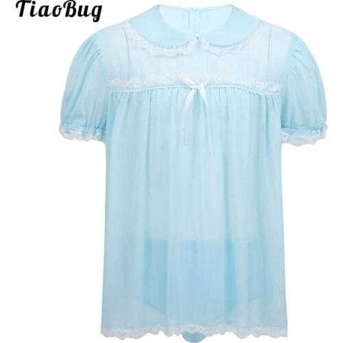 TiaoBug 2Pcs Men Adults Sissy Chiffon Lingerie Outfit Doll Collar Short Puff Sleeve Frilly Dress With Ruffled Underwear Panties