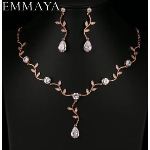 EMMAYA Rose Gold Color Zircon Crystal Bridal Jewelry Sets Leaf Shape Choker Necklace Earrings Wedding Ornament for Women