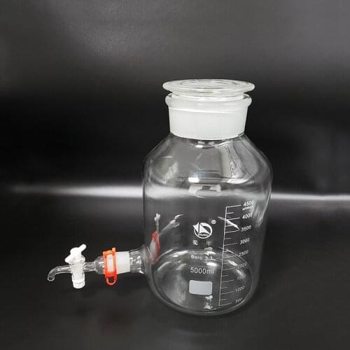 Laboratory aspirator bottle 5000ml,Wide mouth,Clear with tick marks,With ground-in PTFE stopper and stopcock