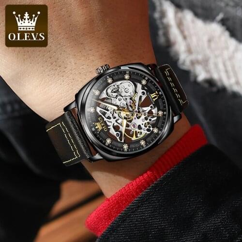 OLEVS Tonneau Mechanical Watches Men Leather skeleton Automatic Wristwatch Sports Waterproof Watches Relogio Masculino gift 6651