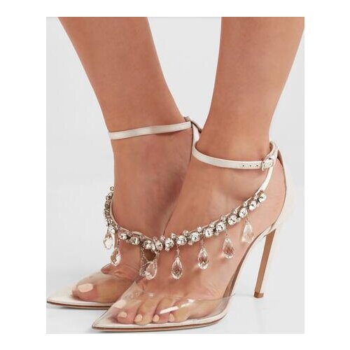 Spring New Women Transparent Plastic PVC Pointed Toe Crystal Embellished Cross Strap Off-White Wedding Pumps High Heel Shoes