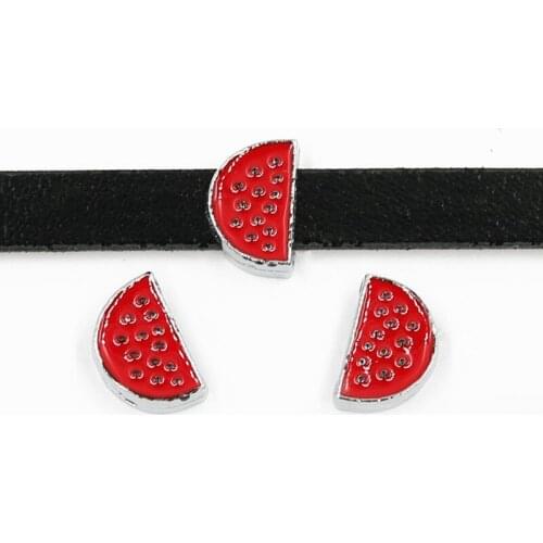 8mm Red Half Watermelon Fruit Slide Charms Flat Hole Beads Keeper Fit 8mm Stainless Steel Mesh Bracelets DIY Jewelry Making