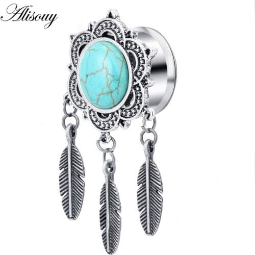 Alisouy 1 pair Surgical Steel Ear Expander 3 Leaves Pendant Stone Ear Plugs And Tunnels Body Piercing Jewelry Ear Expander