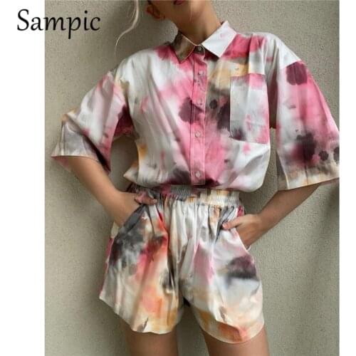 Sampic Tie Dye Print 2021 Lounge Wear Traksuit Women Summer Shorts Set Casual Plaid Shirt Tops And Mini Shorts Two Piece Set