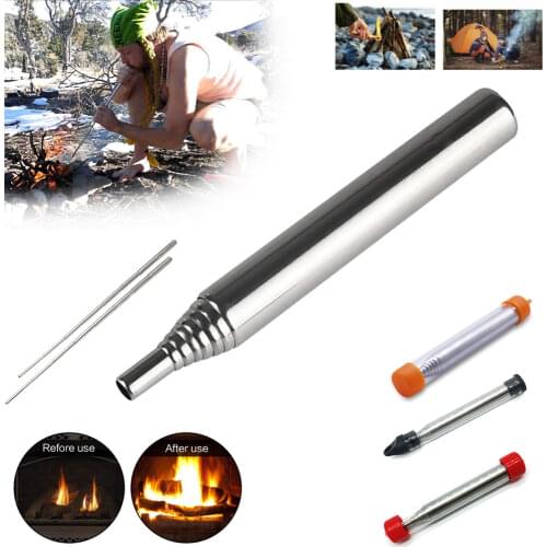 Outdoor Cooking Blow Fire Tube Stainless Steel Adjustable Torch Pocket Bellow Camping Blowing Fire Stick Survival Tools