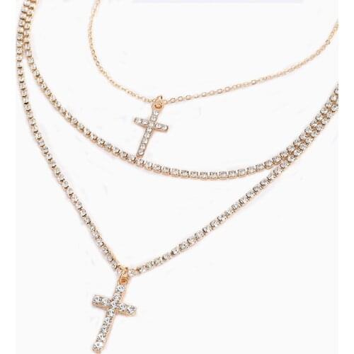 YWZIXLN Bohemian Vintage Multilayer Crystal Chain Cross Pendant Fashion Necklaces Jewelry For Women Elegant Accessories N098