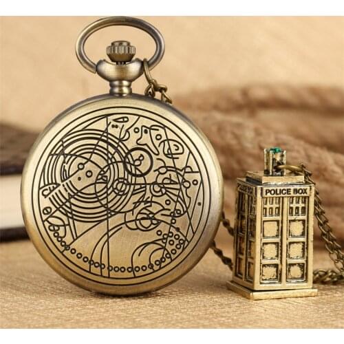 Vintage Quartz Necklace Pocket Watch Exquisite Police Box Pendant Accessory Retro Pocket Clock Gifts for Men Women Kids