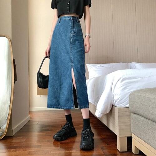 Summer Women Korean Long Jeans Midi Loose Skirts Dark Light Midi Split Blue Waist Denim Vintage Female High Street Fishion