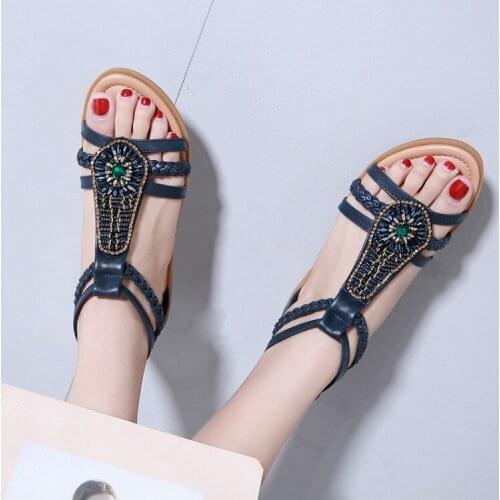 Big Size 11 summer flat sandals ladies women shoes woman Open-toed soft-soled casual Beaded Roman sandals