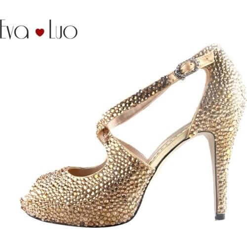 CHS462 Cross Strap Gold Crystal Bridal Wedding Shoes Women High Heels Dress Sandals Custom Made Big Size Women Shoes DHL