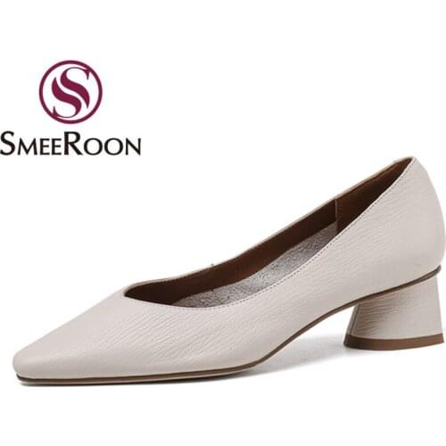 Smeeroon 2021 New Arrival Women Pumps Genuine Leather Ladies Single Shoes Summer Shallow Office Dress Shoes Black Rice White