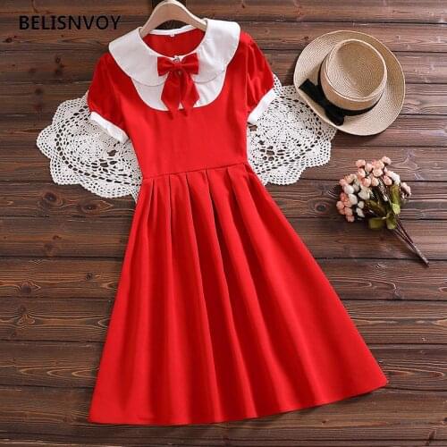 2021 Japan Style Harajuku Dress Woman Peter Pan Collar With Bow A-line Pleated Dress Fashion Puff Sleeve Lady Vintage Vestidos