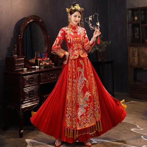 Women Chinese Style Bride Phoenix Embroidery Cheongsam Red Traditional Chinese Wedding Dress Qipao National Costume 3XL 4XL